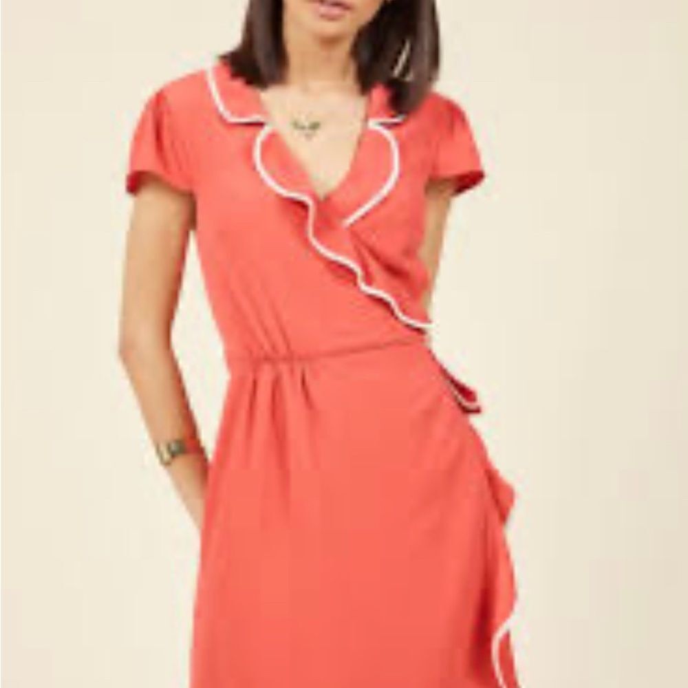 New ModCloth vintage short sleeve wrap dress ruffle v neck pink white 3XL